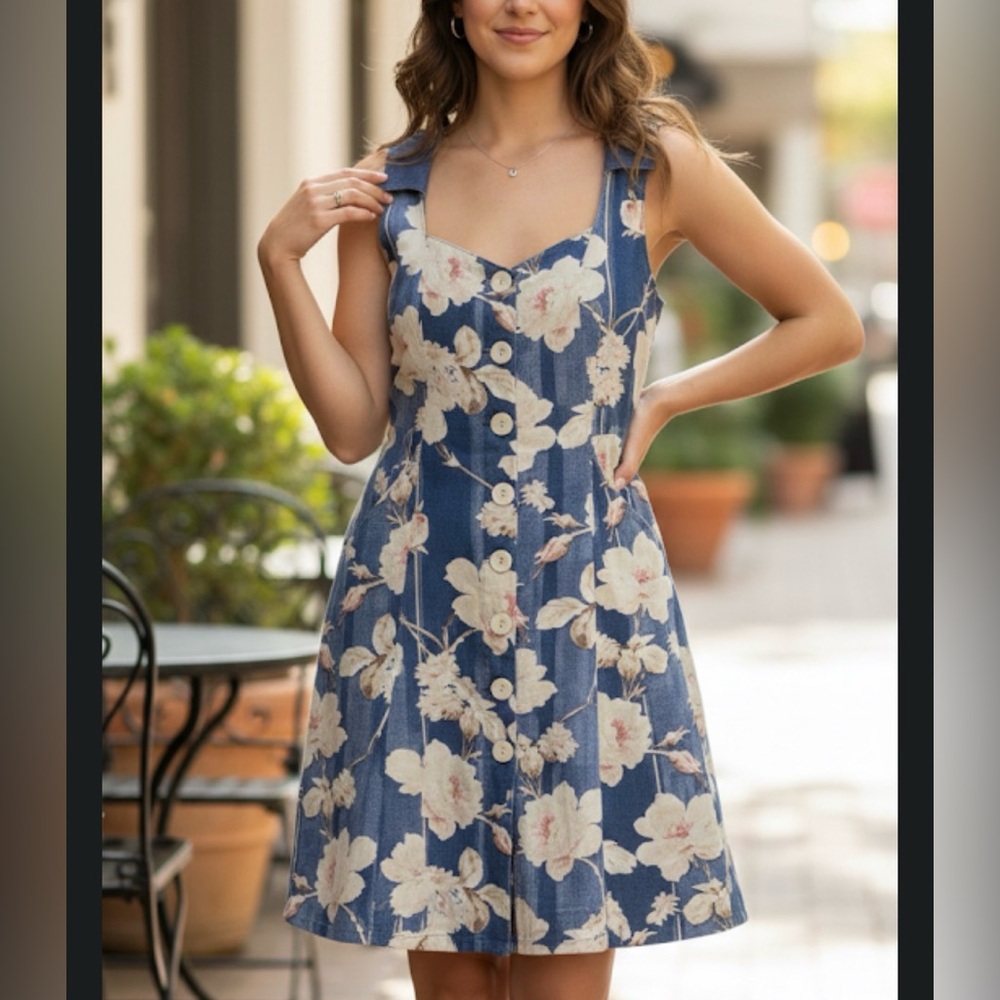 Anthropologie Camellia collared  Dress Blue Cream Floral Dress